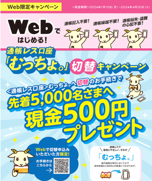 通帳レス口座「むっちょ」切り替えキャンペーン