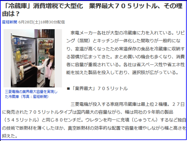 売れている700リットルの大型冷蔵庫